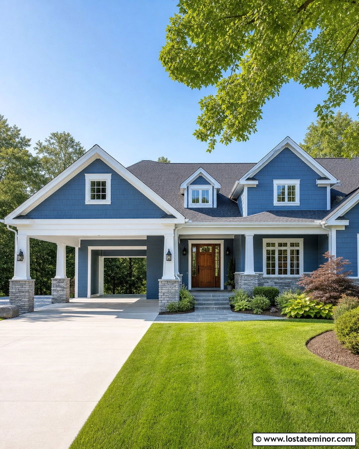 Denim Blue House With Two Car Carport - 30 Denim Blue House Design With Carport Ideas