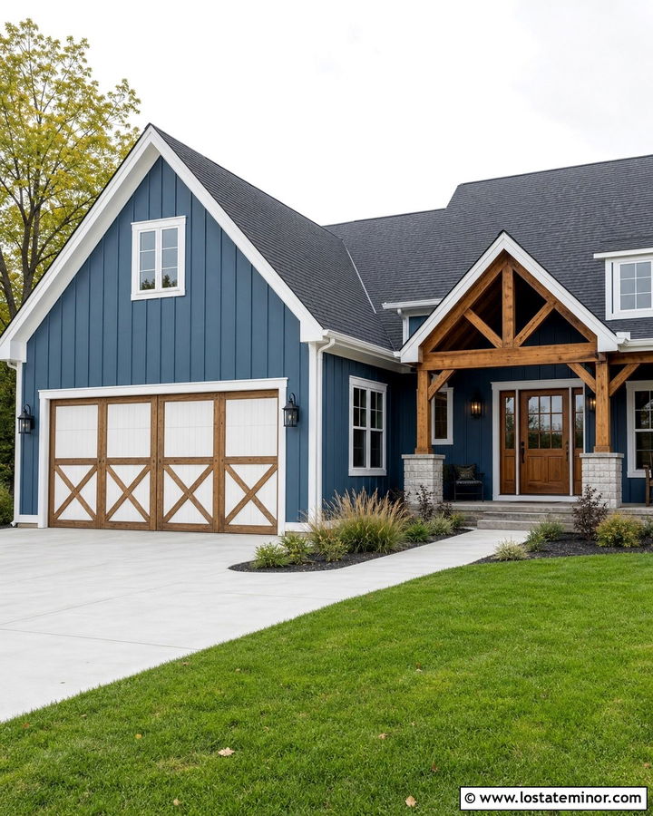 Denim Blue House With Two Tone Garage Door - 30 Denim Blue House Design With Garage Door Ideas