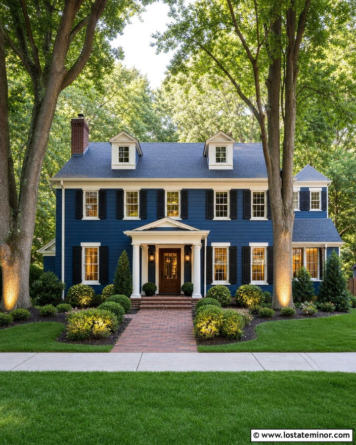 Denim Blue House With Uplighted Trees - 30 Denim Blue House Design With Lighting Ideas