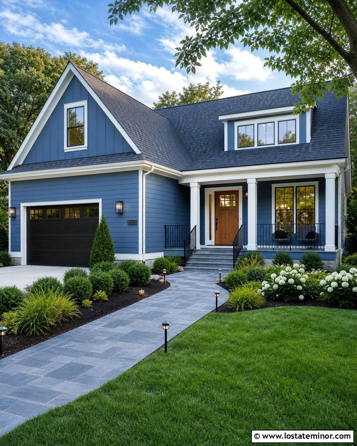 Denim Blue House With Walkway Lighting - 30 Denim Blue House Design With Walkway Ideas