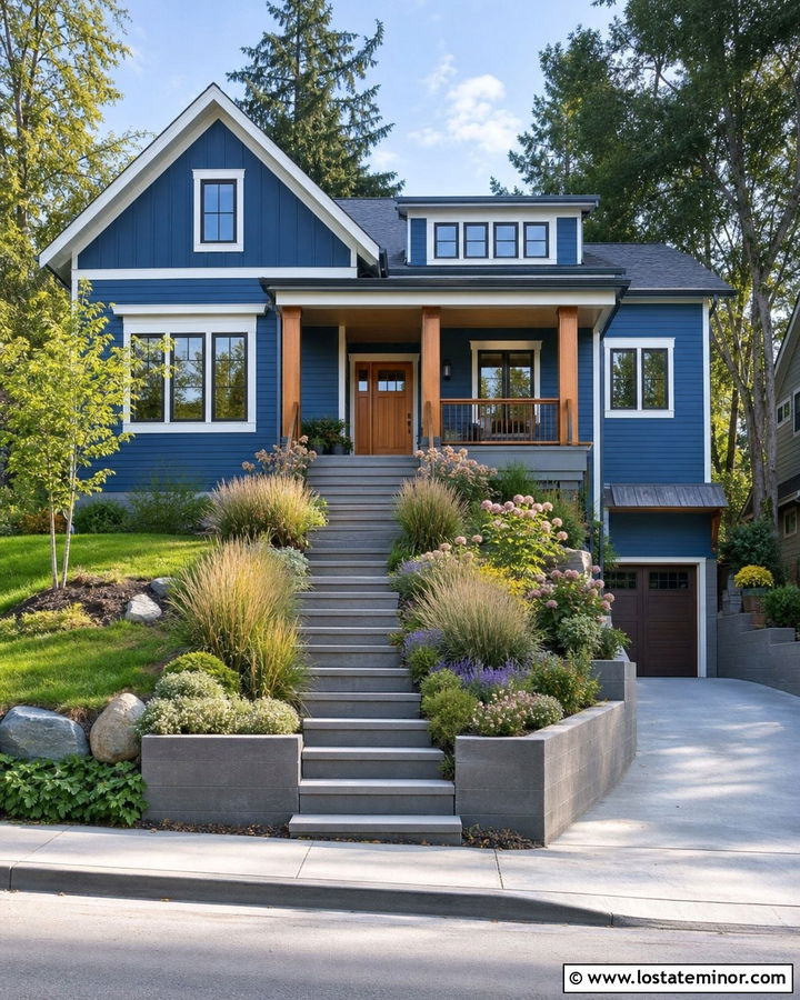Denim Blue House With Walkway Steps - 30 Denim Blue House Design With Walkway Ideas