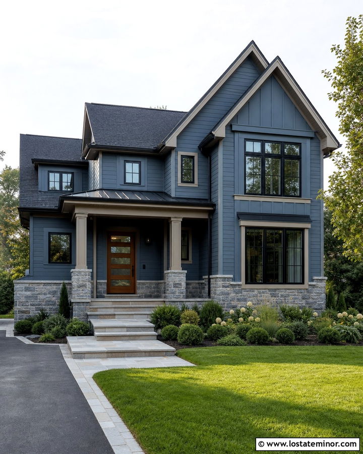 Denim Blue House With Walnut Front Door - 30 Denim Blue House Design With Front Door Ideas