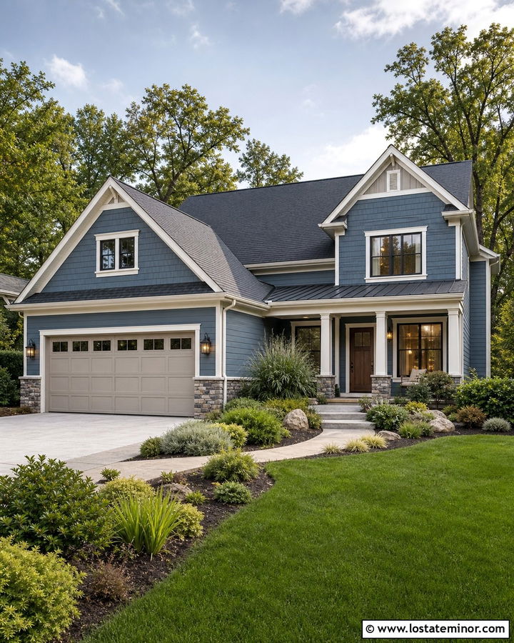 Denim Blue House With Warm Greige Garage Door - 30 Denim Blue House Design With Garage Door Ideas