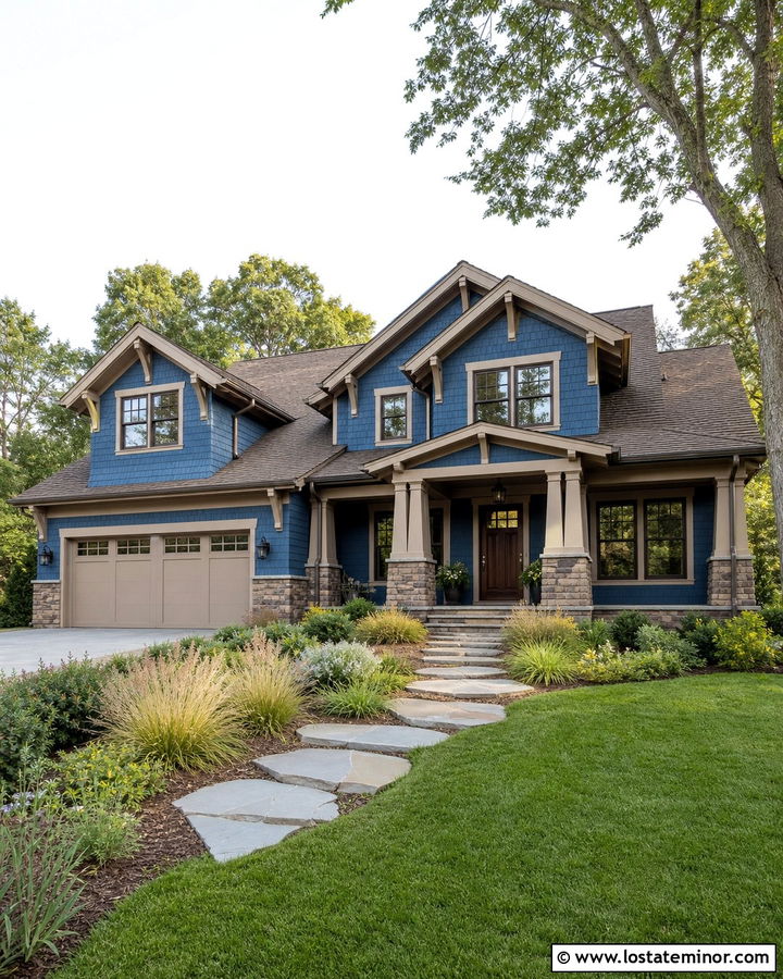 Denim Blue House With Warm Taupe Trim - 30 Denim Blue House Design With Trim Ideas
