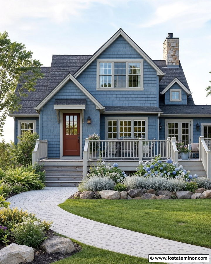 Denim Blue House With Weathered Gray Deck - 30 Denim Blue House Design With Deck Ideas