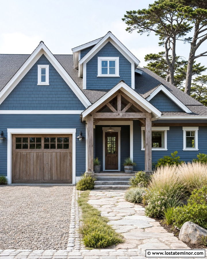 Denim Blue House With Weathered Wood Garage Door - 30 Denim Blue House Design With Garage Door Ideas