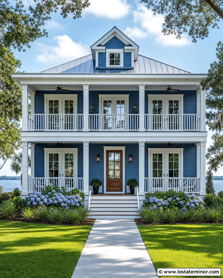 Denim Blue House With White Balcony Railings - 30 Denim Blue House Design With Railings Ideas