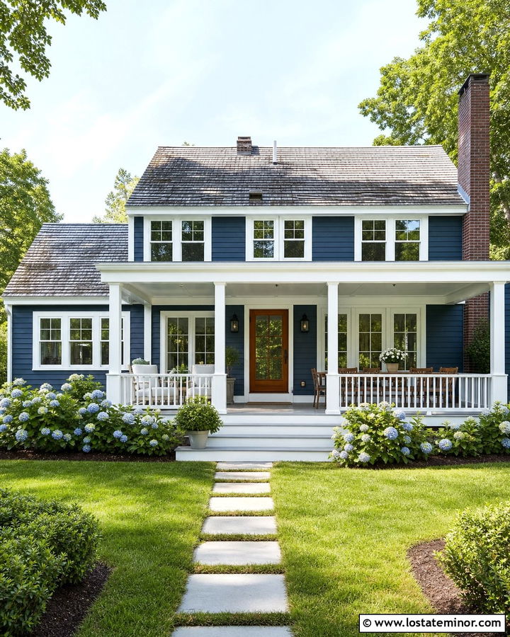 Denim Blue House With White Covered Porch - 30 Denim Blue House Design With Backyard Ideas