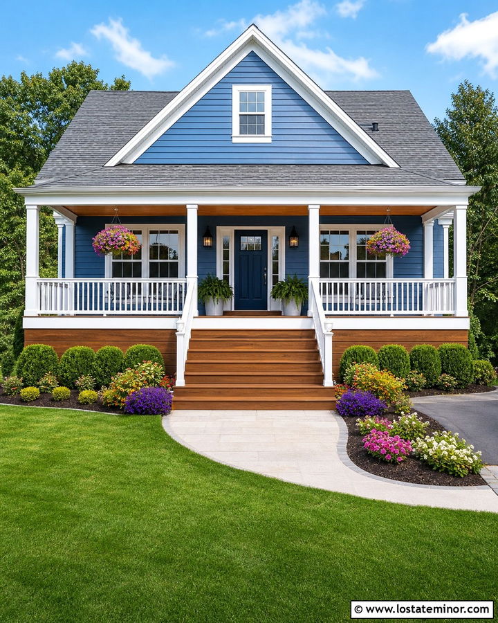 Denim Blue House With White Deck Railings - 30 Denim Blue House Design With Deck Ideas