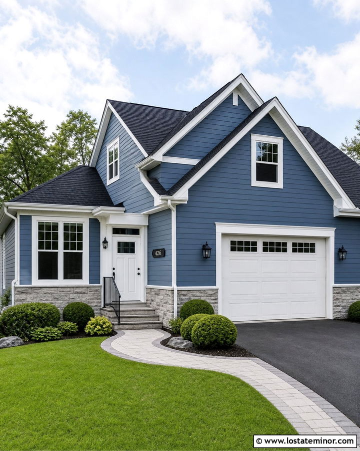 Denim Blue House With White Door And Black Plaque - 30 Denim Blue House Design With House Numbers Ideas