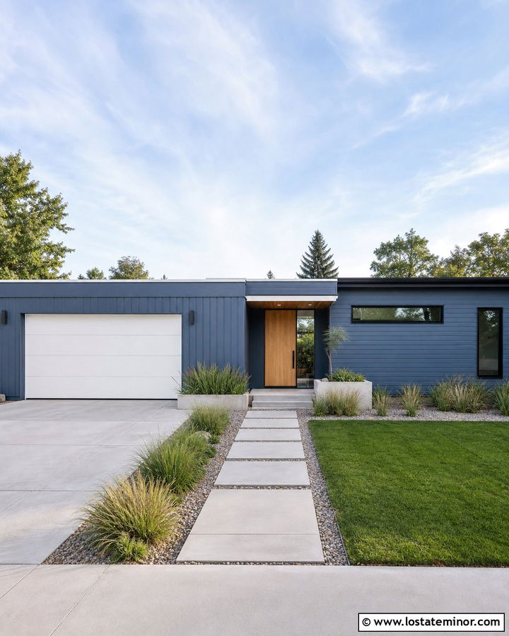 Denim Blue House With White Flush Garage Door - 30 Denim Blue House Design With Garage Door Ideas