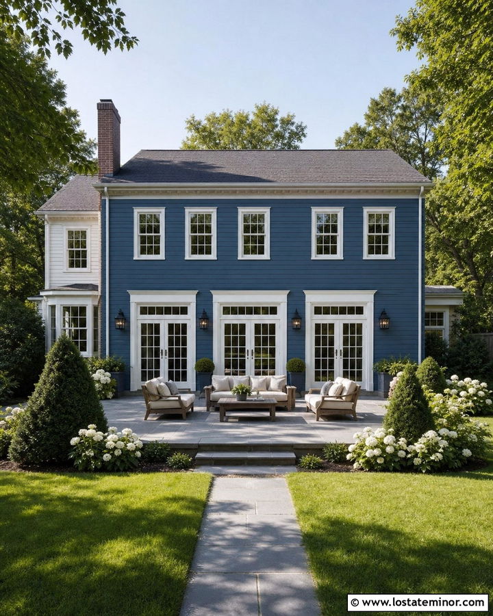 Denim Blue House With White French Doors - 30 Denim Blue House Design With Backyard Ideas