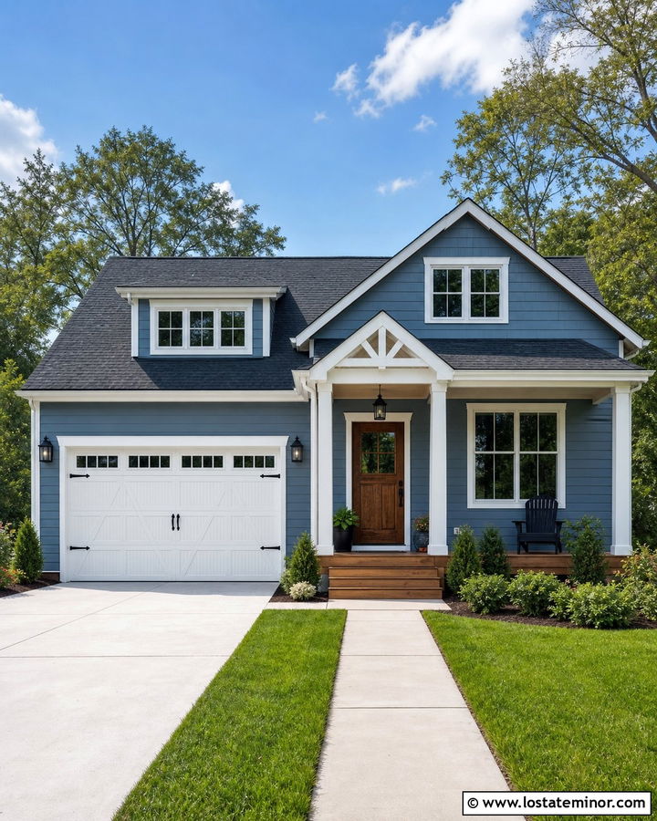 Denim Blue House With White Garage Door And Black Hardware - 30 Denim Blue House Design With Garage Door Ideas