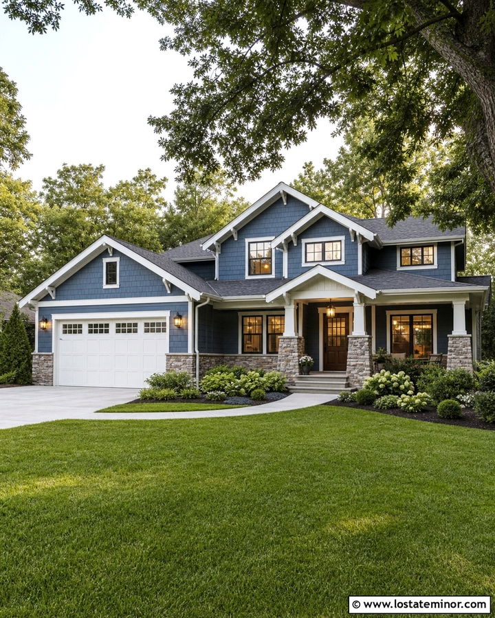 Denim Blue House With White Garage Door And Stone Columns - 30 Denim Blue House Design With Garage Door Ideas