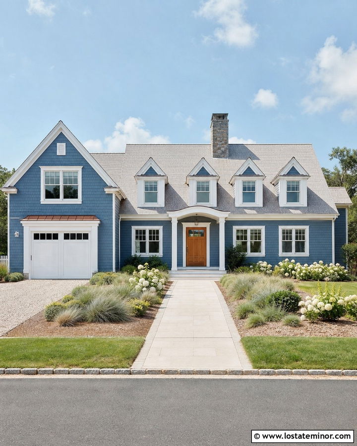 Denim Blue House With White Paver Walkway - 30 Denim Blue House Design With Walkway Ideas