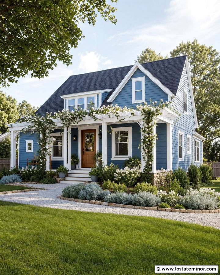Denim Blue House With White Pergola And Climbing Vines - 30 Denim Blue House Design With Landscaping Ideas