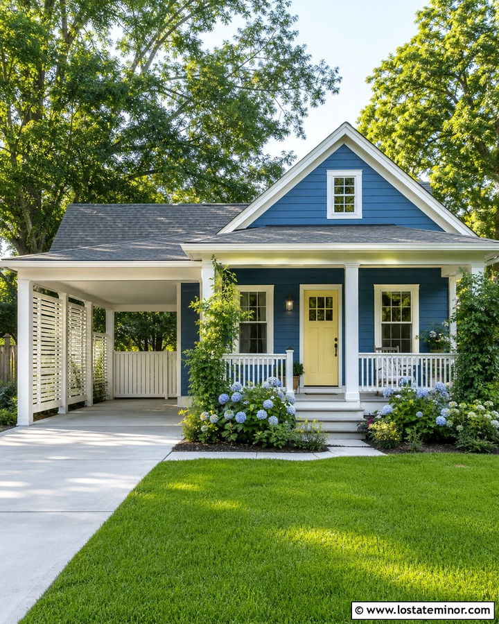 Denim Blue House With White Picket Carport Screen - 30 Denim Blue House Design With Carport Ideas