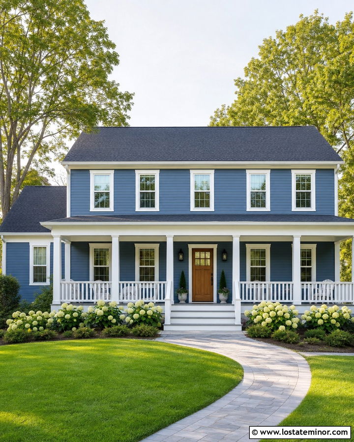 Denim Blue House With White Porch Railings - 30 Denim Blue House Design With Railings Ideas