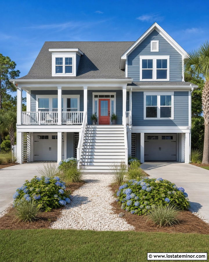 Denim Blue House With White Railings And Steps - 30 Denim Blue House Design With Steps Ideas