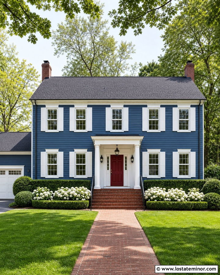 Denim Blue House With White Shutters And Red Door - 30 Denim Blue House Design With Shutters Ideas