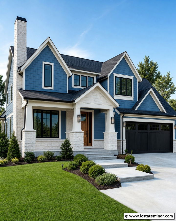 Denim Blue House With White Stone Veneer - 30 Denim Blue House Design With Stone Accents Ideas