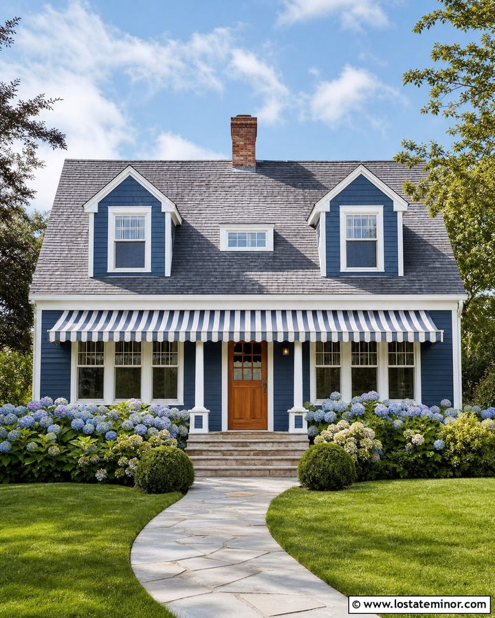 Denim Blue House With White Striped Awning - 30 Denim Blue House Design With Awning Ideas