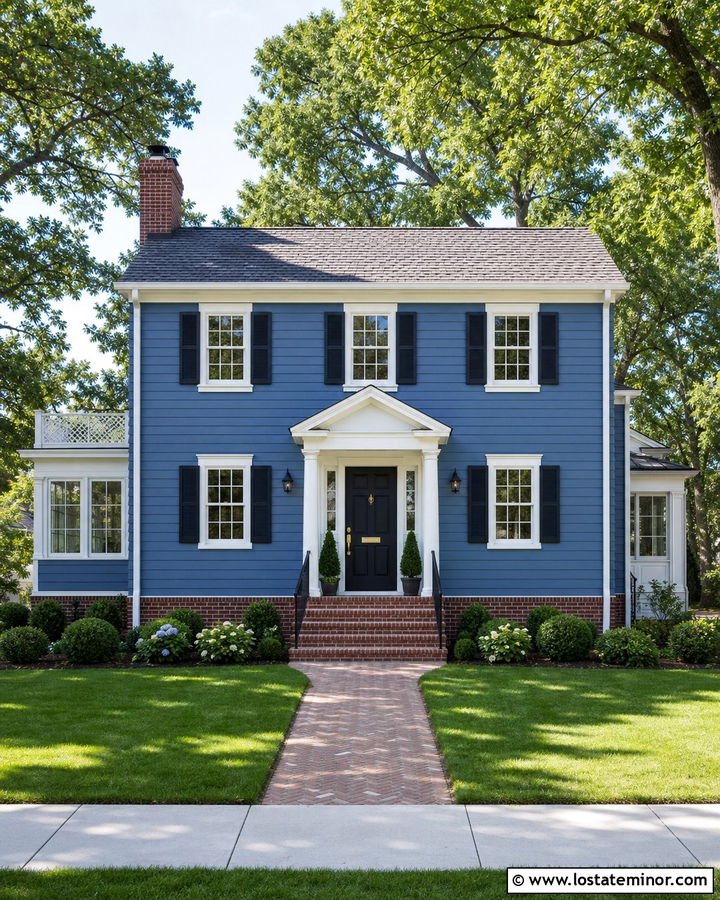 Denim Blue House With White Trim And Brick - 30 Denim Blue House Design With Brick Accents Ideas
