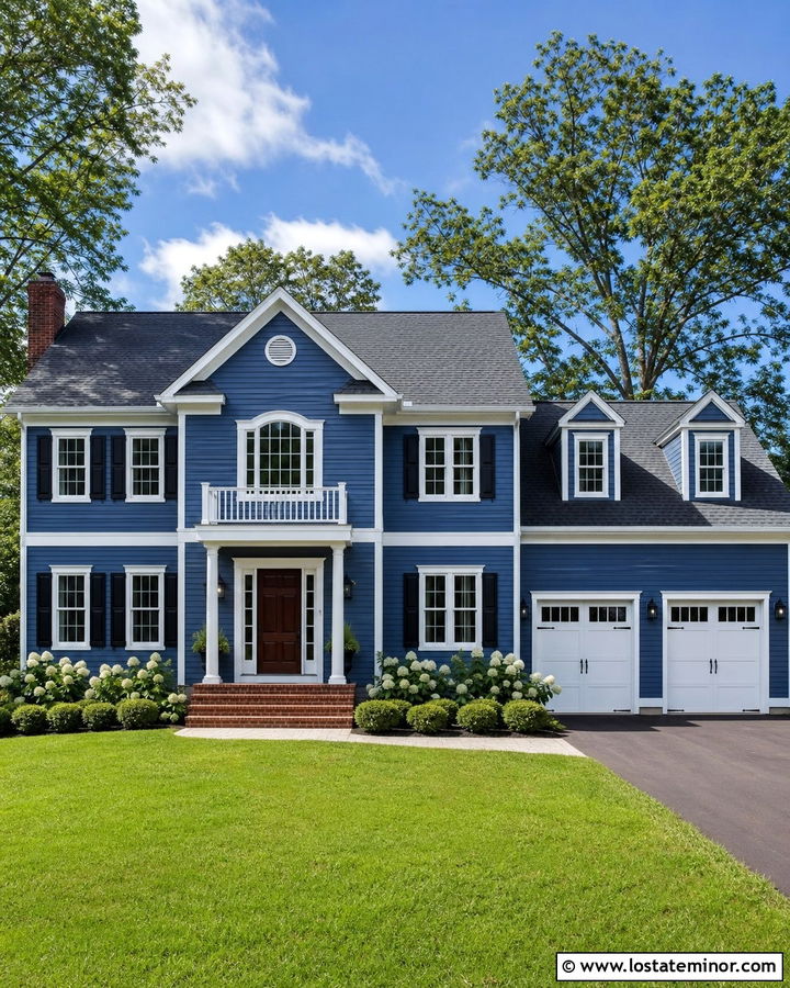 Denim Blue House With White Trim And Carriage Lights - 30 Denim Blue House Design With Light Fixtures Ideas