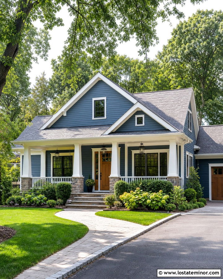 Denim Blue House With White Trim And Cedar Door - 30 Denim Blue House Design With Accents Ideas