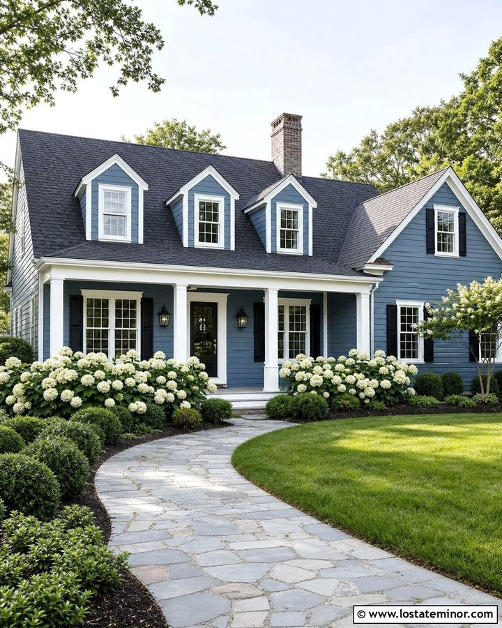 Denim Blue House With White Trim And Hydrangeas - 30 Denim Blue House Design With Landscaping Ideas