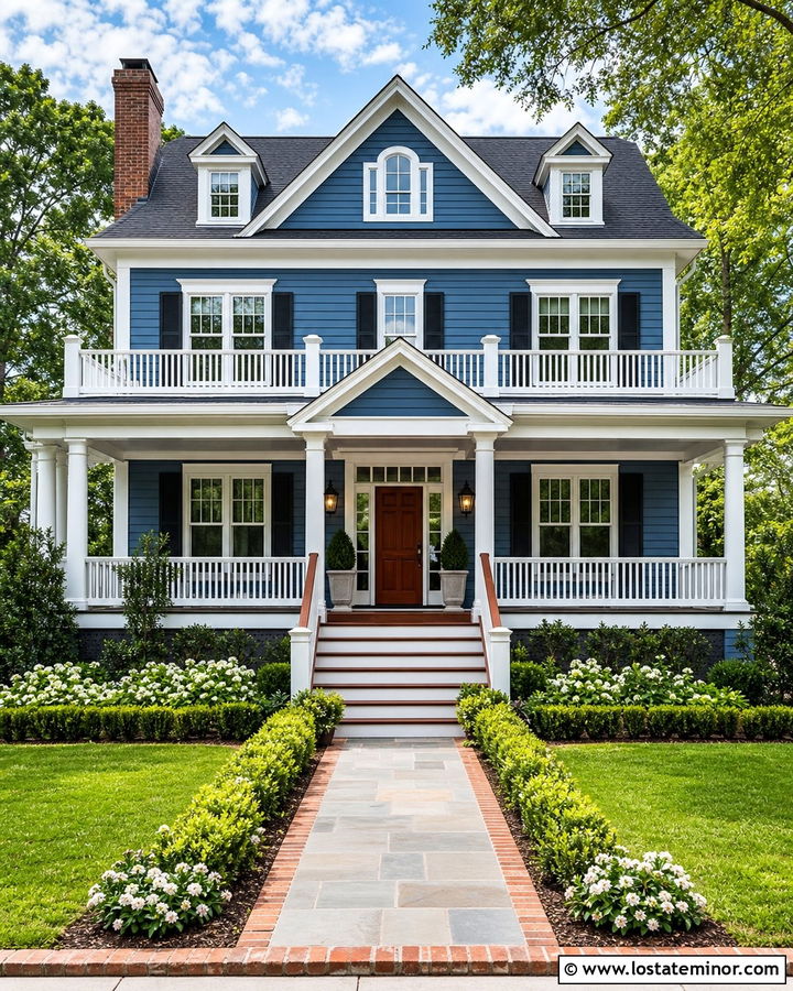 Denim Blue House With White Trim And Mahogany Deck - 30 Denim Blue House Design With Deck Ideas