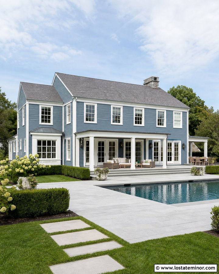Denim Blue House With White Trim And Rectangular Pool - 30 Denim Blue House Design With Swimming Pool Ideas