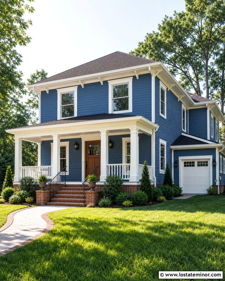 Denim Blue House With White Trim And Red Brick - 30 Denim Blue House Design With Trim Ideas