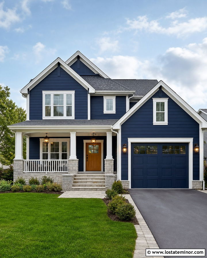 Denim Blue House With White Trim And Warm LEDs - 30 Denim Blue House Design With Lighting Ideas