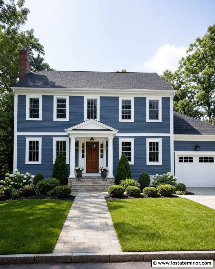 Denim Blue House With White Trim And Wood Door - 30 Denim Blue House Design With Trim Ideas