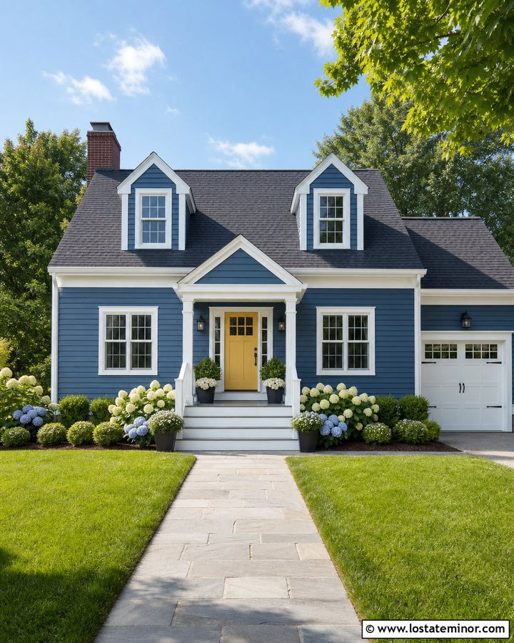 Denim Blue House With White Trim And Yellow Door - 30 Denim Blue House Design With Trim Ideas