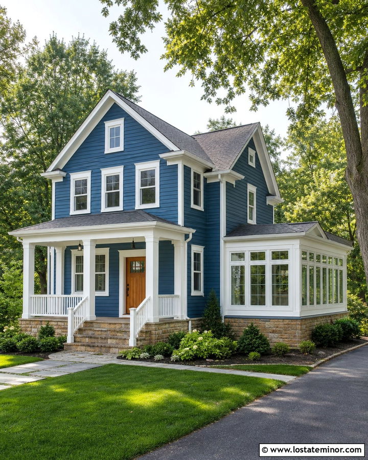 Denim Blue House With White Trim Sunroom - 30 Denim Blue House Design With Sunroom Ideas