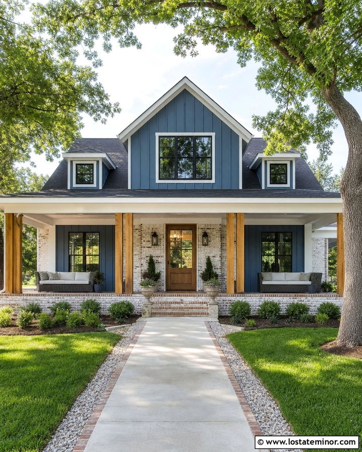 Denim Blue House With Whitewashed Brick - 30 Denim Blue House Design With Brick Accents Ideas
