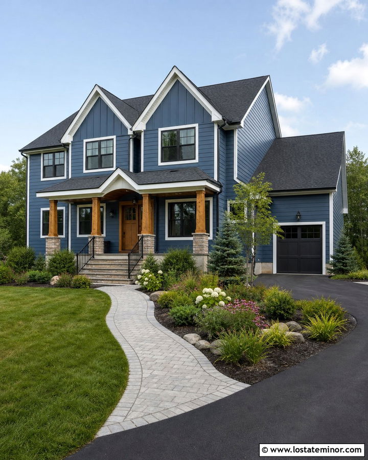 Denim Blue House With Wood Door And Stone Columns - 30 Denim Blue House Design With Porch Columns Ideas