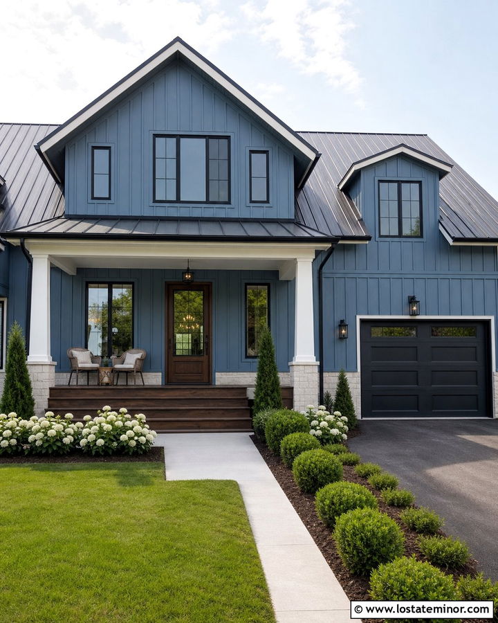 Denim Blue House With Wood Front Door And Black Storm Door - 30 Denim Blue House Design With Storm Door Ideas