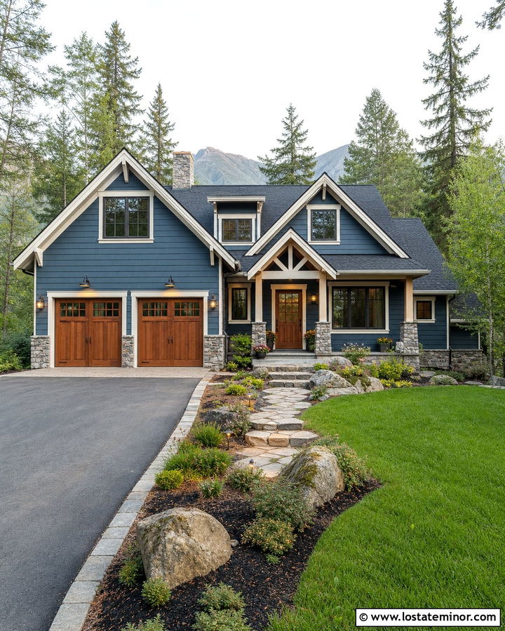 Denim Blue House With Wood Garage And Bronze Lights - 30 Denim Blue House Design With Light Fixtures Ideas