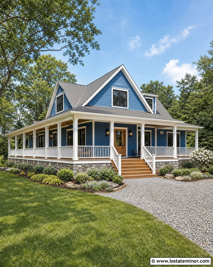 Denim Blue House With Wraparound Deck - 30 Denim Blue House Design With Deck Ideas