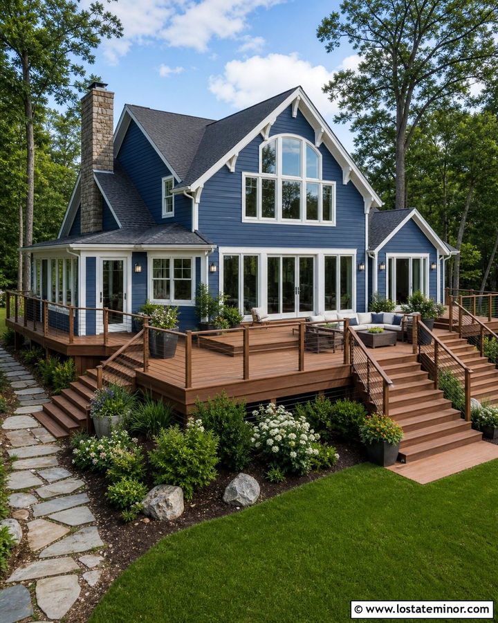 Denim Blue House With Wraparound Deck - 30 Denim Blue House Design With Backyard Ideas
