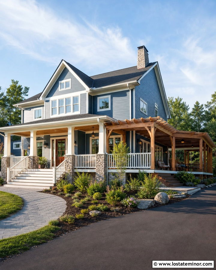Denim Blue House With Wraparound Pergola - 30 Denim Blue House Design With Pergola Ideas