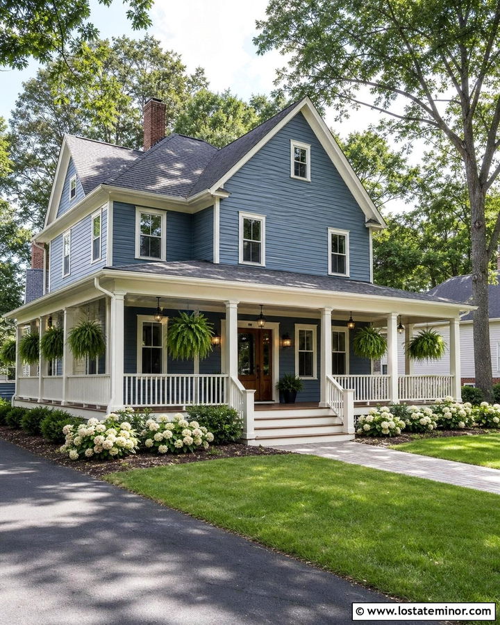 Denim Blue House With Wraparound Porch And Pendant Lights - 30 Denim Blue House Design With Light Fixtures Ideas