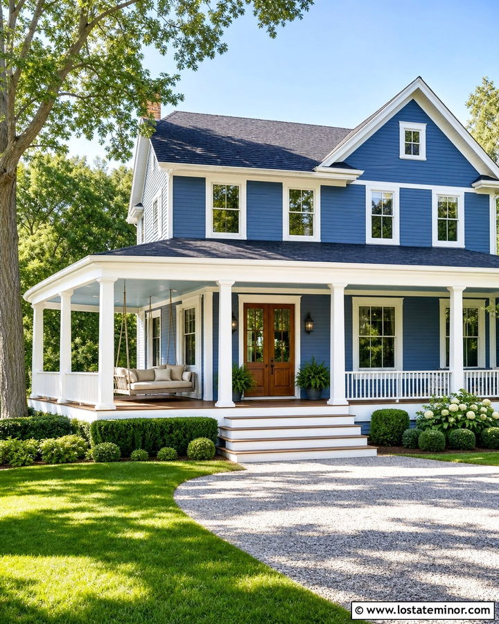 Denim Blue House With Wraparound Porch Daybed - 30 Denim Blue House Design With Daybed Ideas