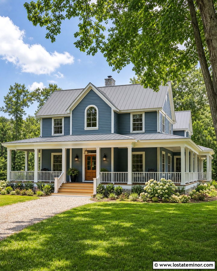Denim Blue House With Wraparound Porch Railings - 30 Denim Blue House Design With Railings Ideas