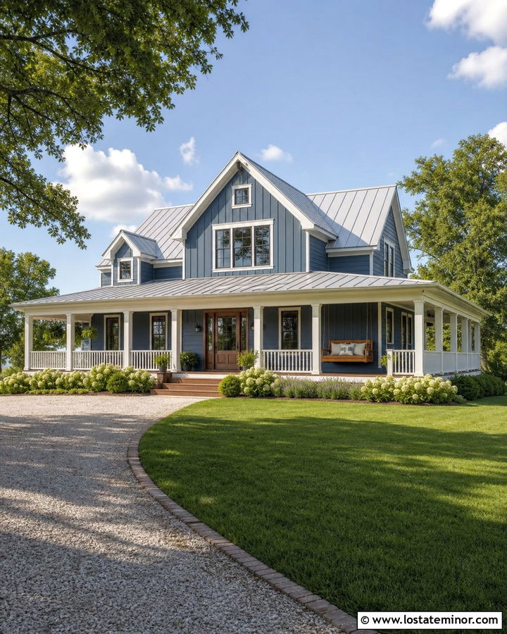 Denim Blue House With Wraparound Porch Swing - 30 Denim Blue House Design With Swing Ideas