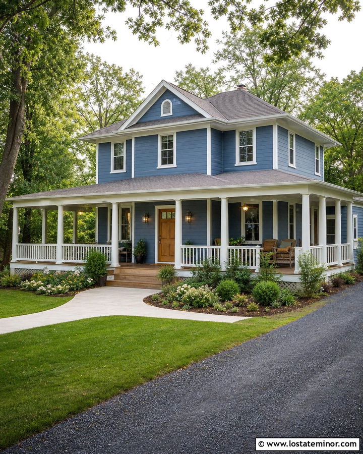 Denim Blue House With Wraparound Wood Porch - 30 Denim Blue House Design With Front Porch Ideas