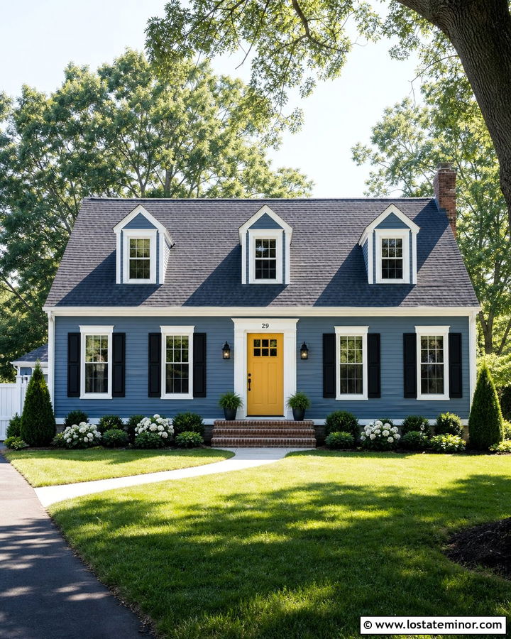 Denim Blue House With Yellow Door And Black Lights - 30 Denim Blue House Design With Light Fixtures Ideas